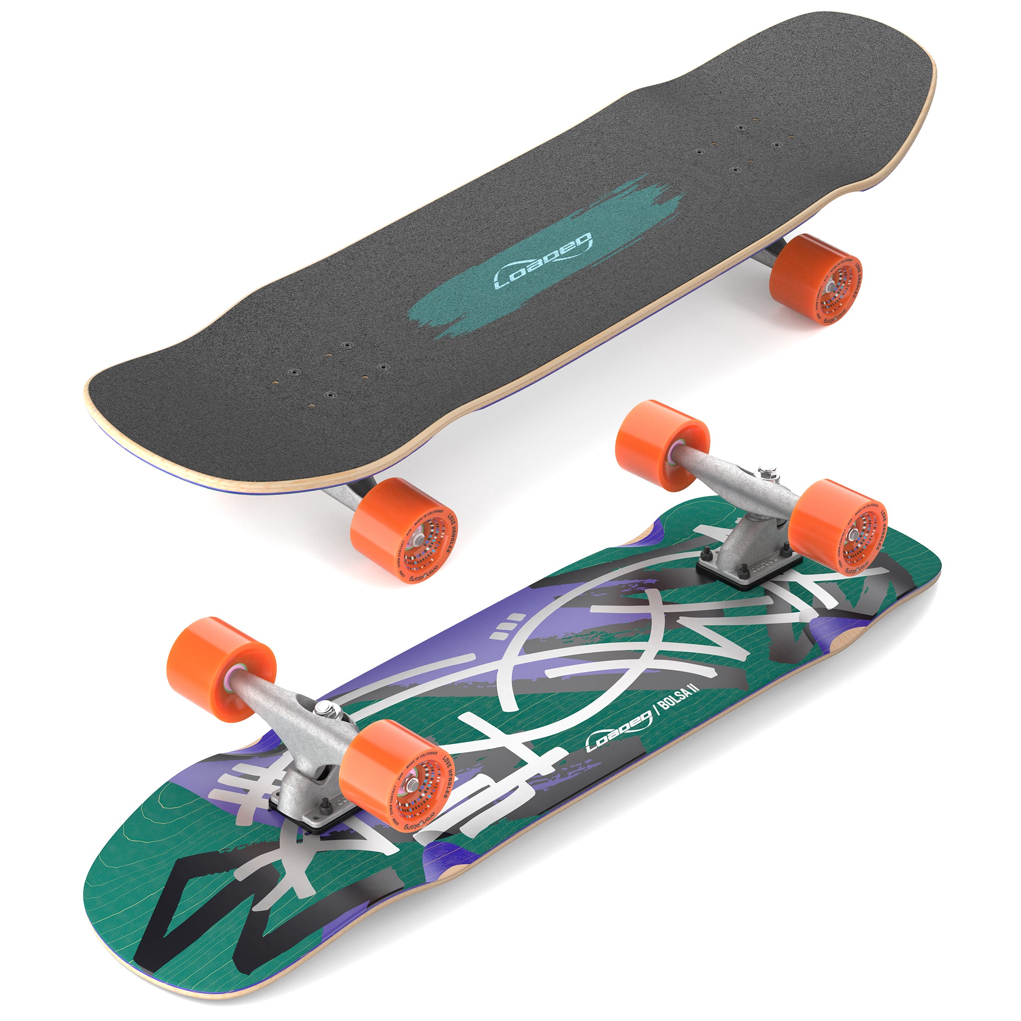 Top view of Loaded Bolsa II (Jazz Graphic) showing dimensions, Carver C7 trucks, and Orangatang wheels.