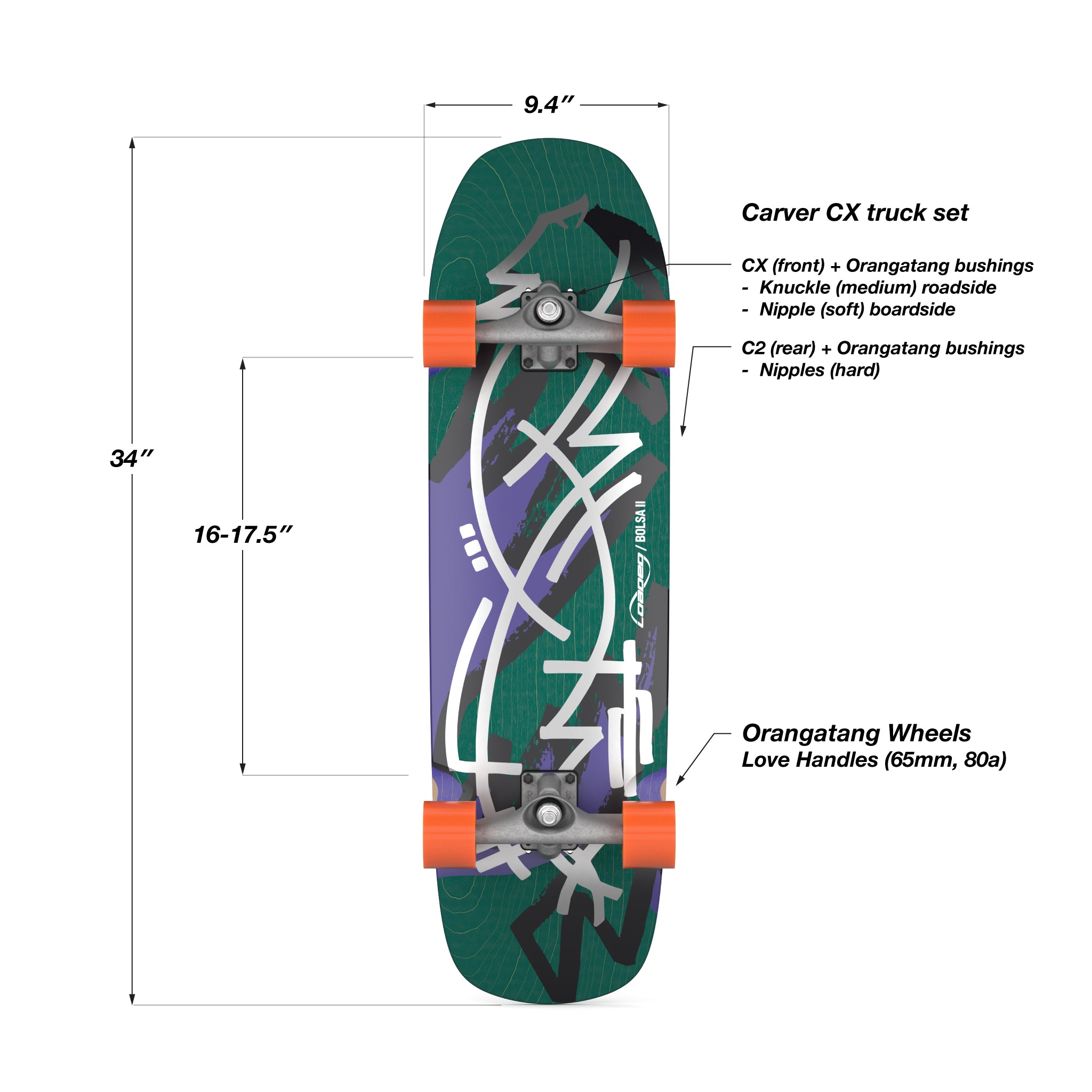 Profile view of Loaded Bolsa II (Jazz Graphic) skateboard complete with Carver C7 trucks and Orangatang Love Handles wheels.