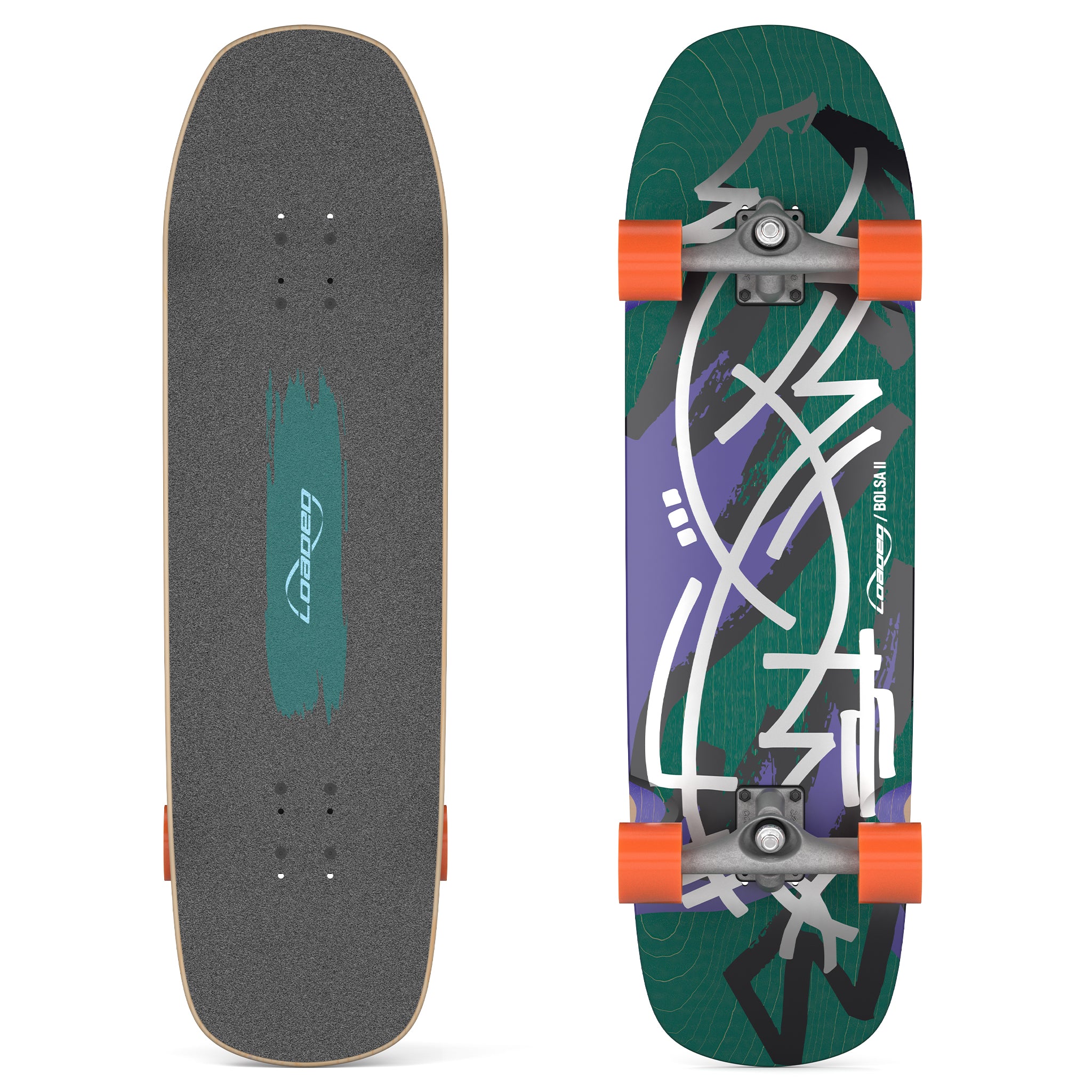 Top and bottom isometric views of Loaded Bolsa II (Jazz Graphic) skateboard complete with Carver C7 trucks and Orangatang Love Handles wheels.