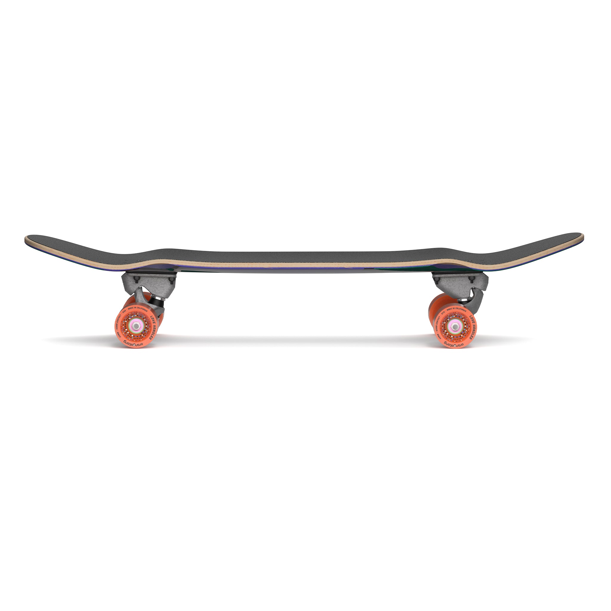 Top and bottom views of Loaded Bolsa II (Jazz Graphic) skateboard complete with Carver C7 trucks and Orangatang Love Handles wheels.