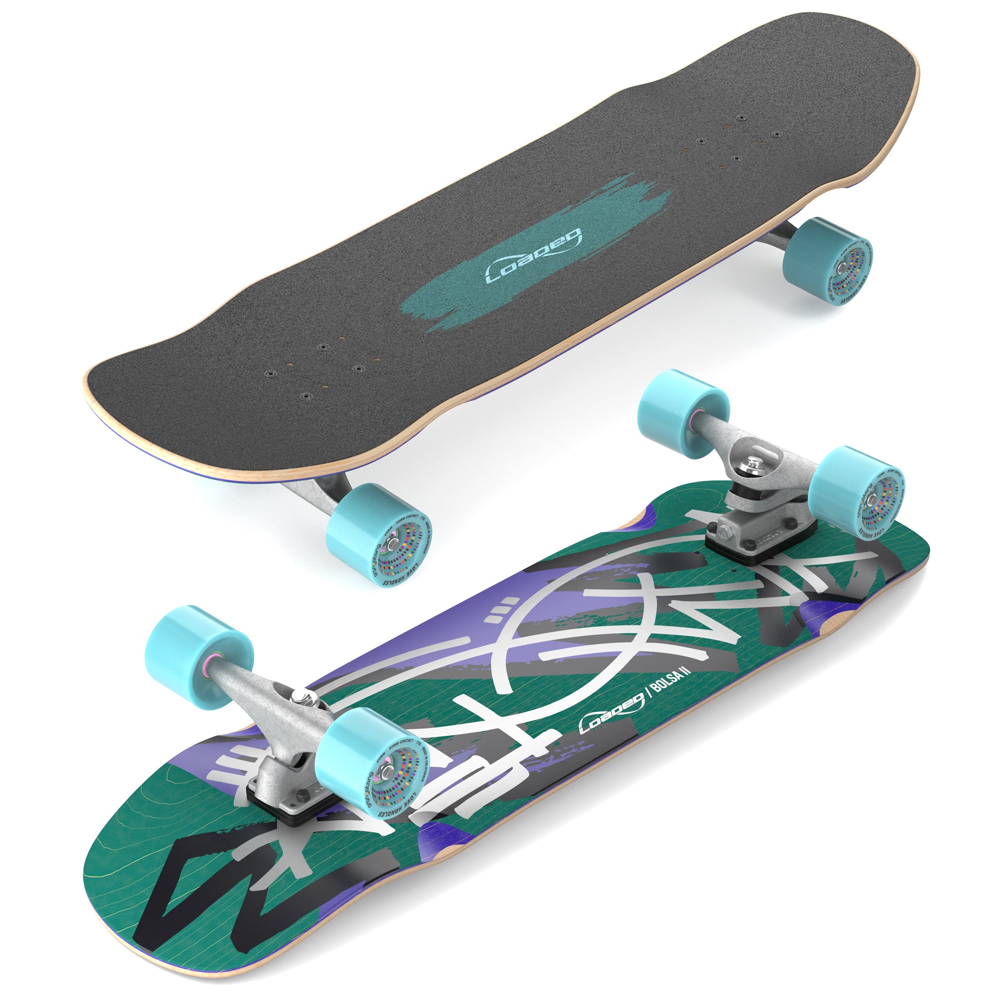 Top view of Loaded Bolsa II (Jazz Graphic) showing dimensions, Carver CX trucks, and Orangatang wheels.