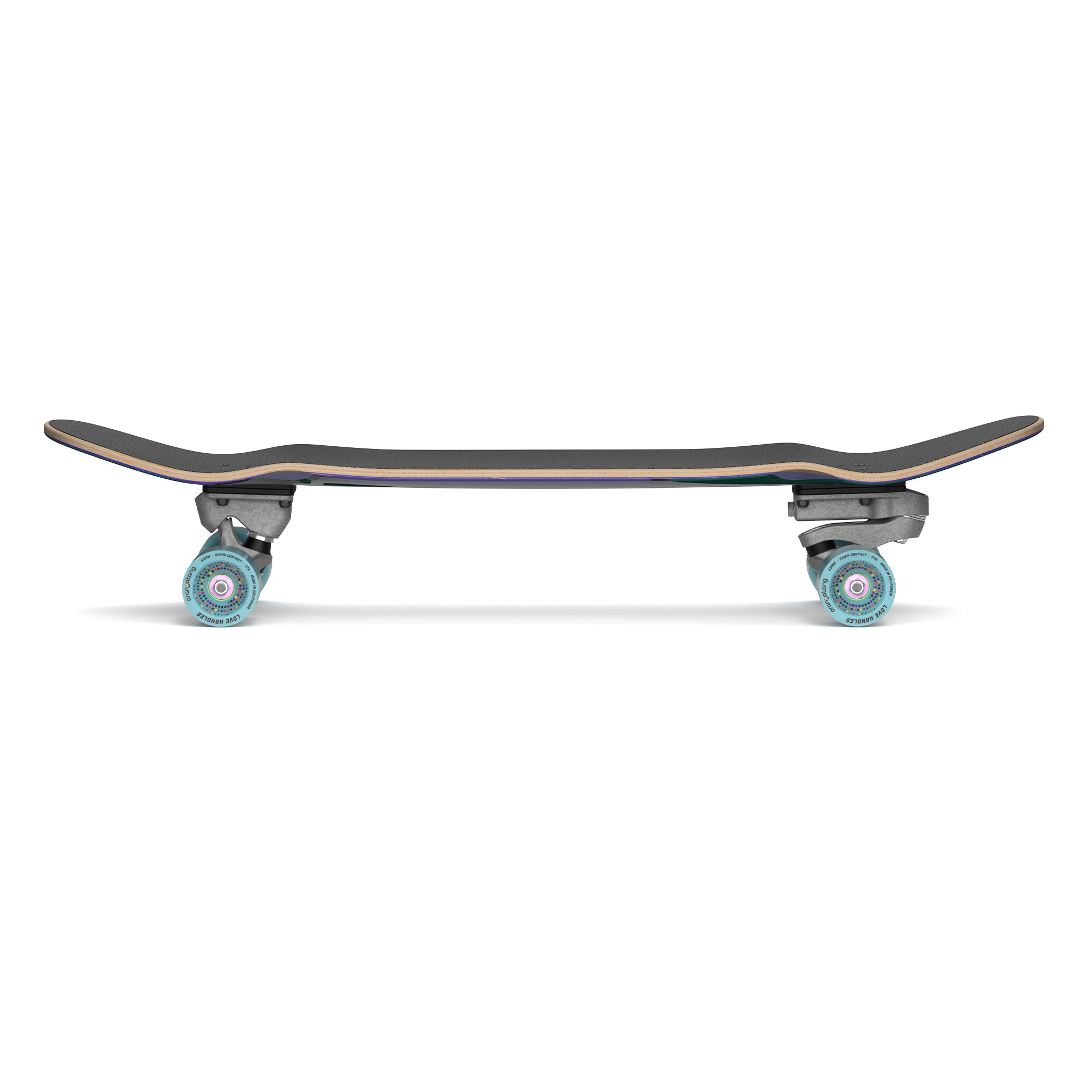 Top and bottom views of Loaded Bolsa II (Jazz Graphic) skateboard complete with Carver CX trucks and Orangatang Love Handles wheels.