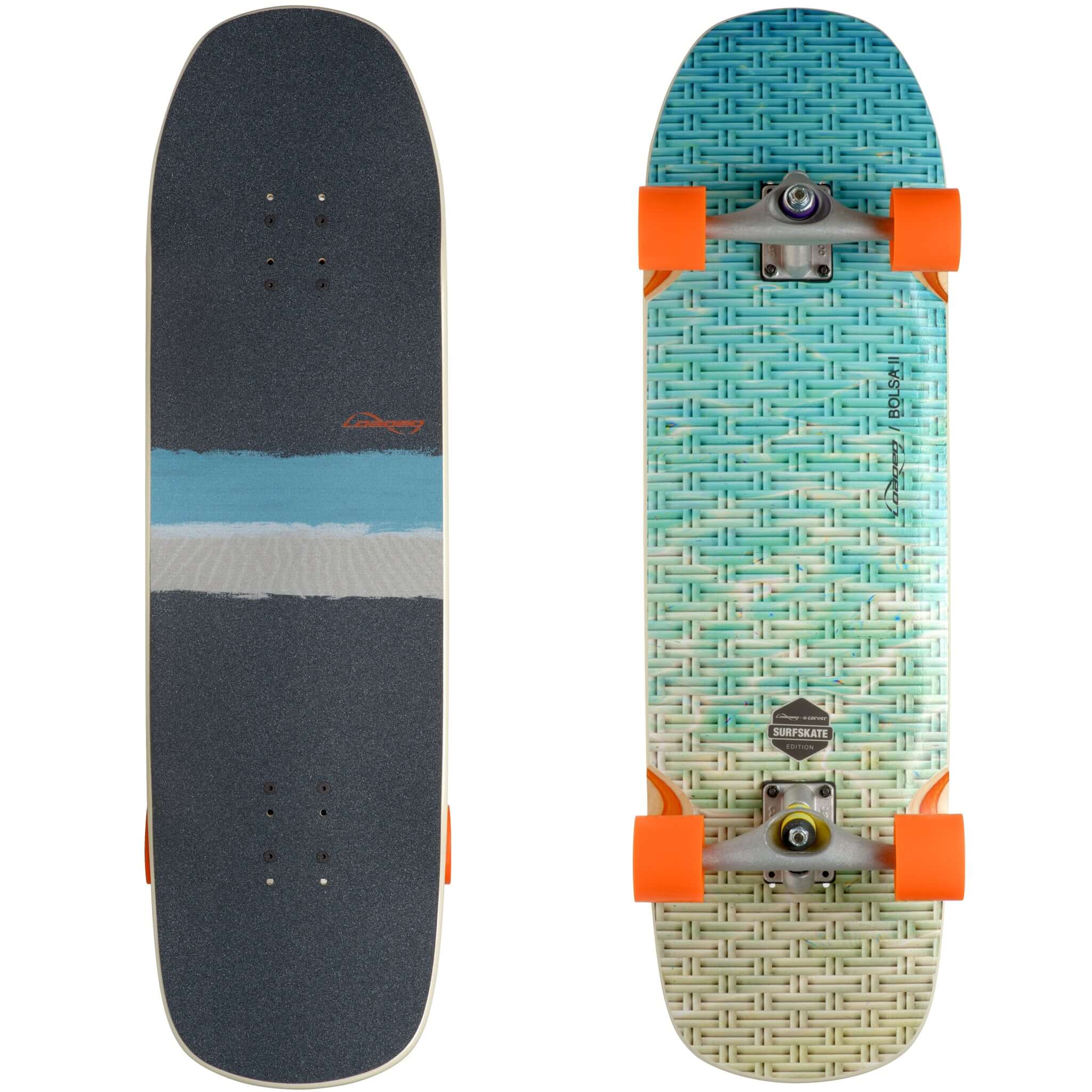 A stylish skateboard featuring a textured black top surface and a vibrant turquoise patterned bottom with orange wheels.