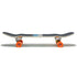 A skateboard viewed from the side, featuring orange wheels and a glossy deck.