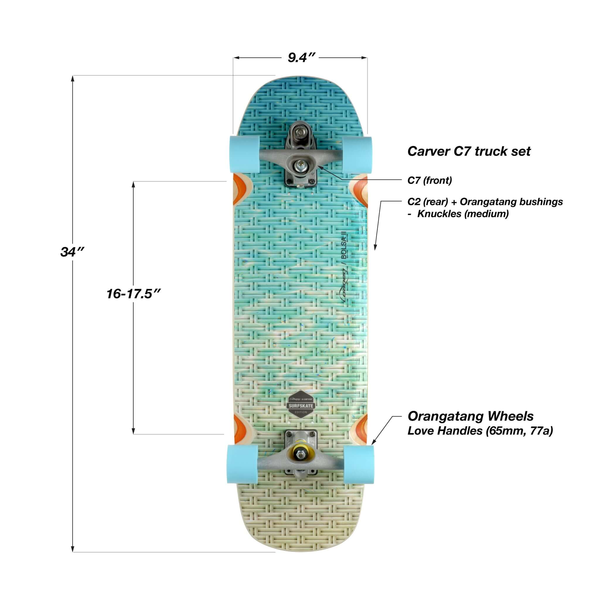 Top view of a skateboard with Carver C7 truck set and Orangatang wheels, showcasing dimensions.