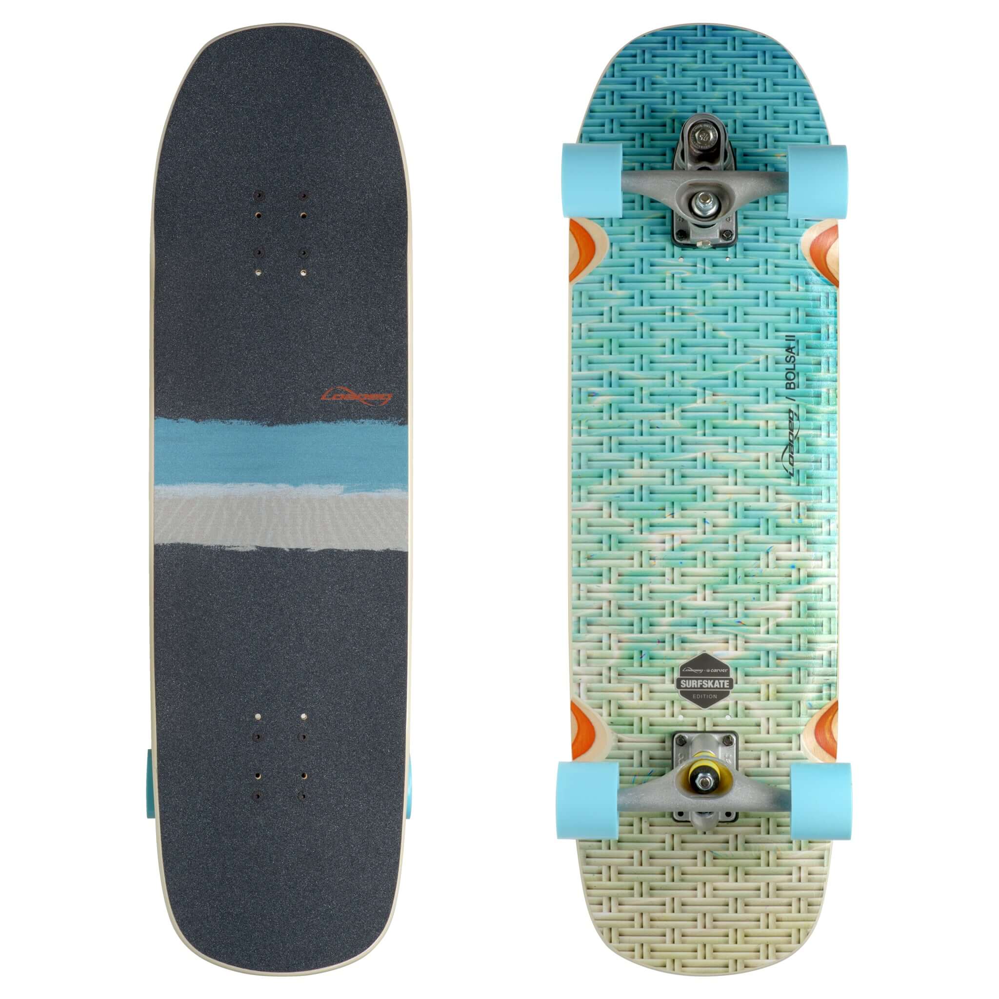 Top and underside view of a patterned skateboard with light blue wheels.
