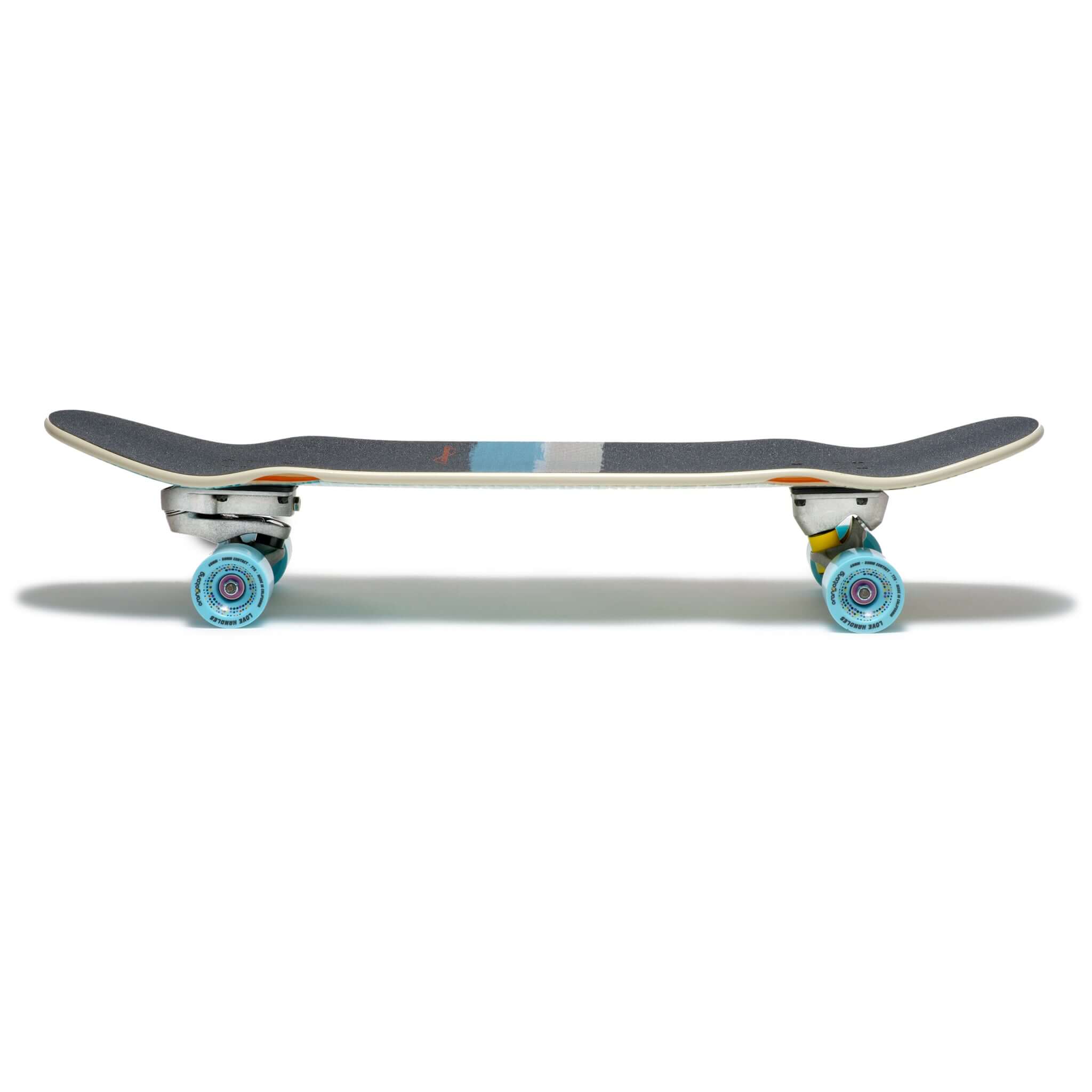A skateboard viewed from the side, featuring a black grip tape surface and colorful wheels.